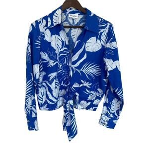 Panama Jack Royal Blue and White Hawaiian Button Up  Linen Shirt - Large